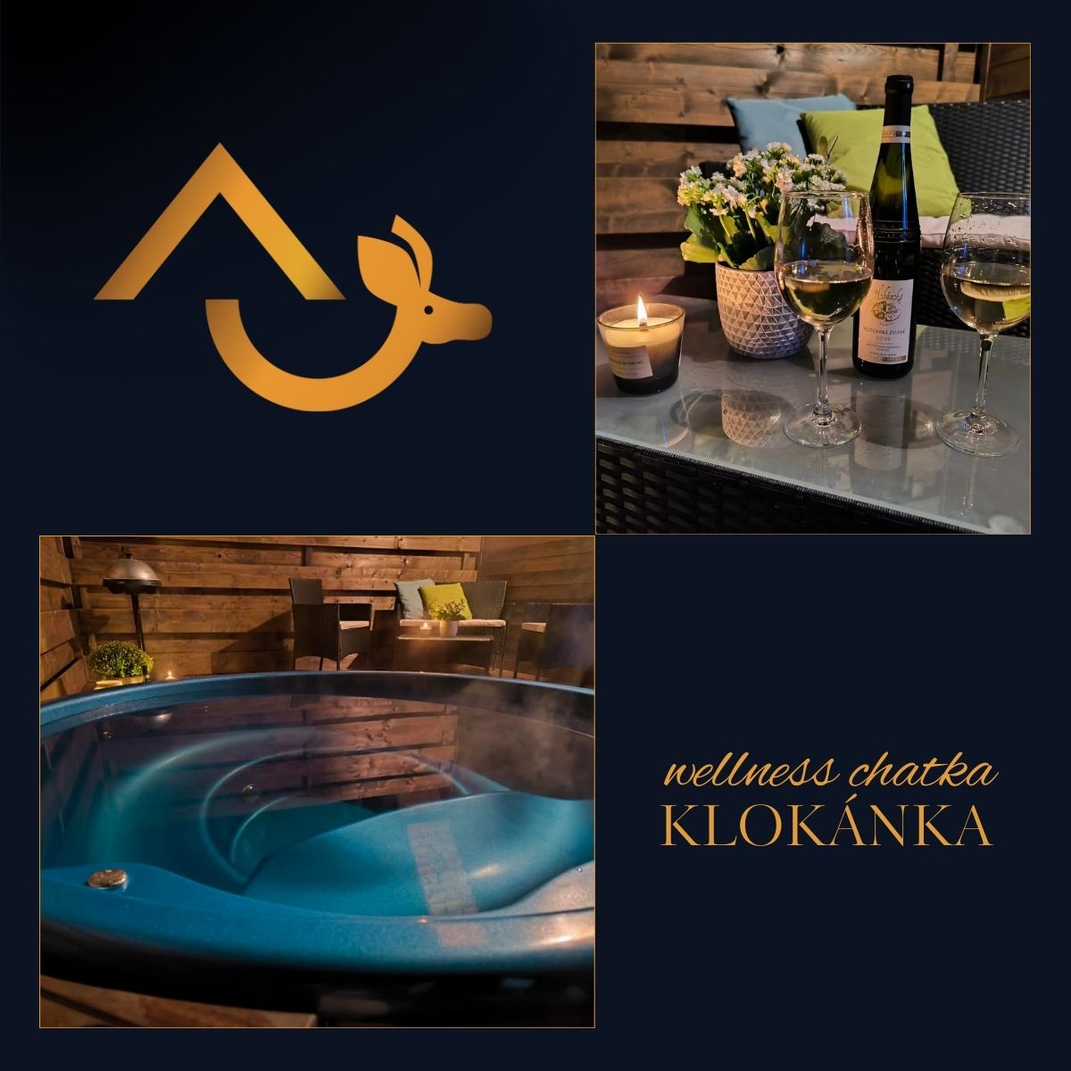 Hot tub, wine, and candle setting at Wellness Cabin Klokánka.